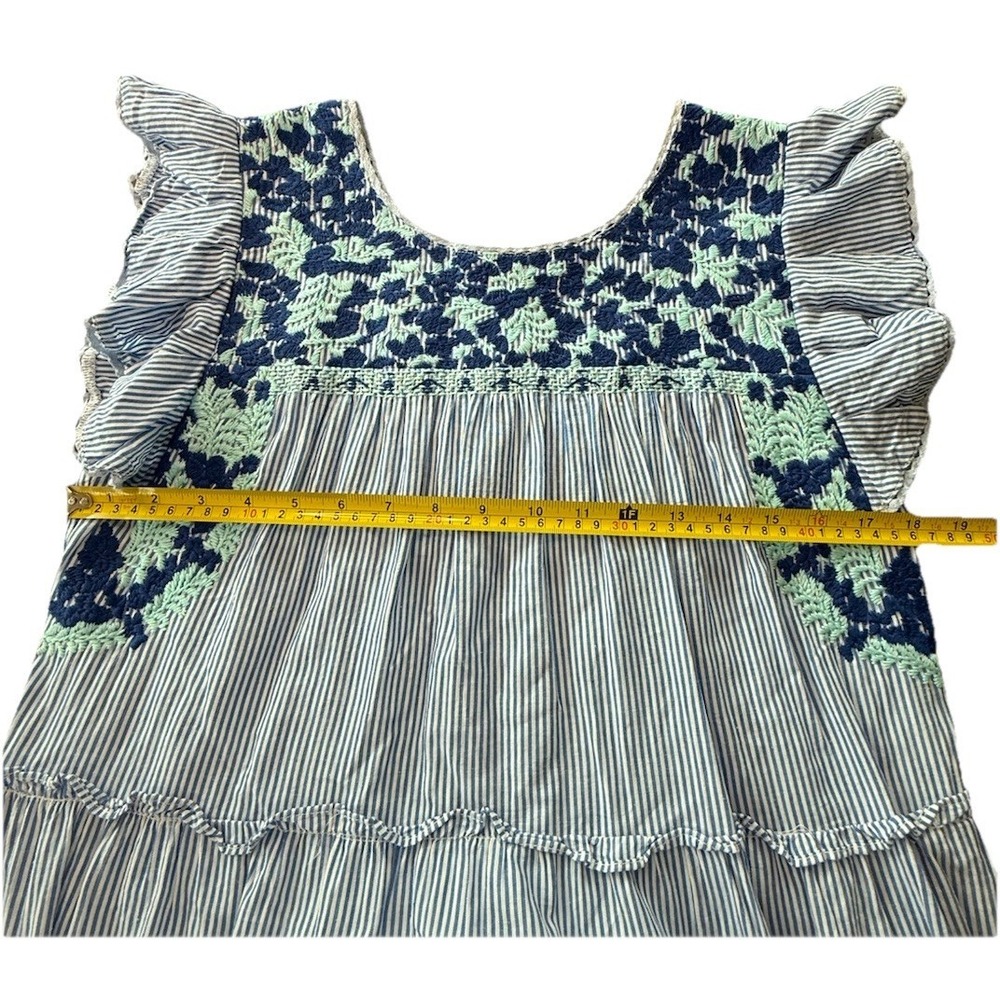 J Marie Kennedy Embroidered Tiered Dress Blue‎ Stripe Flutter Sleeve Boho M - Picture 5 of 9